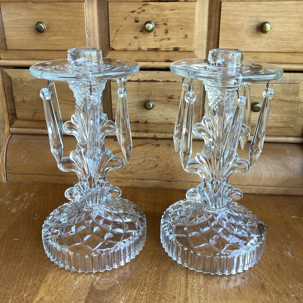 VNTG🩵🩵🩵 Tall glass Candle Holders candelabras with all the crystal danglers! 🩵🩵